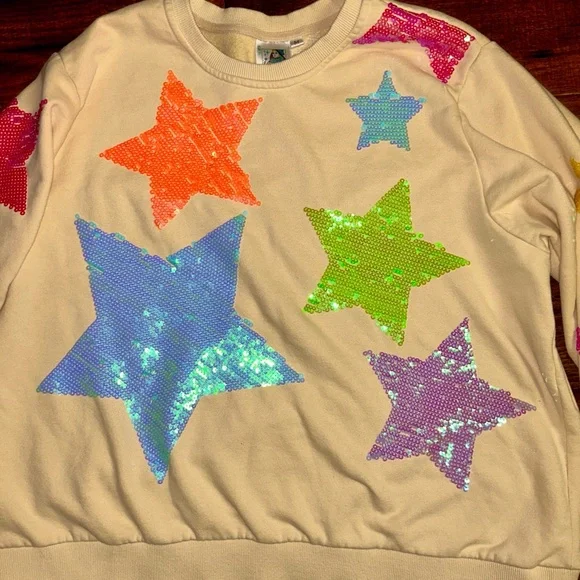 Queen Of Sparkle ~ Medium ~ White W/ Multi-Colors Star Sequins Sweater (Read) - Picture 10 of 12